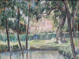 a painting of a park with a pond and trees