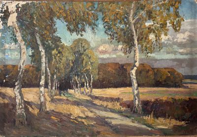 tableau représentant un tableau d'arbres dans un champ, avec le ciel en arrière-plan