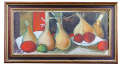 an oil painting of pears, apples and pears on a table
