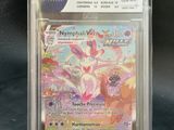 a pokemon card in a clear plastic holder on a table