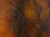 une peinture à l'huile représentant un cheval sur un fond marron et orange