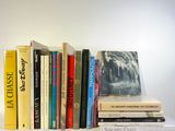 a lot of books that are on a white shelf