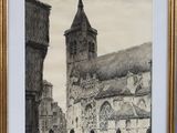 painting of an old church with a clock tower in the background
