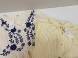 two yellow and white striped shirts with blue flowers on them
