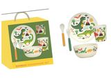 Le service de table pour enfants comprend des assiettes ornées de dinosaures, ainsi qu'une fourchette et une cuillère
