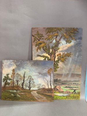 trois tableaux représentant un paysage avec un cheval et un arbre