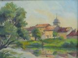 an oil painting of a village by a river with a person in a boat