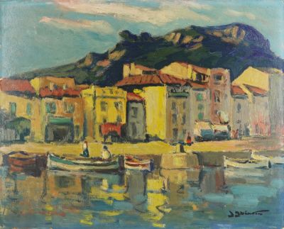une peinture à l'huile représentant des bateaux dans un port, avec une montagne en arrière-plan