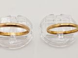 paire d'anneaux en verre transparent et plaqué or sur un fond blanc