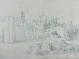 drawing of a castle on a hill with a castle in the background