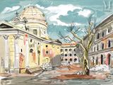 a painting of a tree in the middle of a courtyard