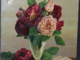 painting of a vase of flowers on a table with a lace doidle
