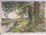 un tableau représentant deux enfants jouant au bord de l'eau