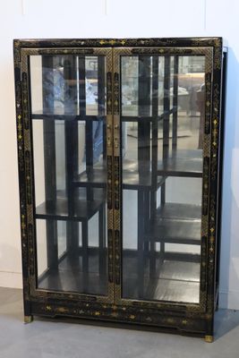une armoire noire aux portes vitrées, au milieu d'une pièce