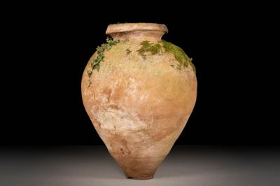 a large clay vase with moss growing on the outside of it