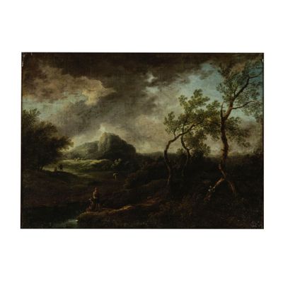 un tableau représentant un paysage avec une rivière et un château au loin