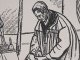 drawing of a man sitting on the ground in front of a building