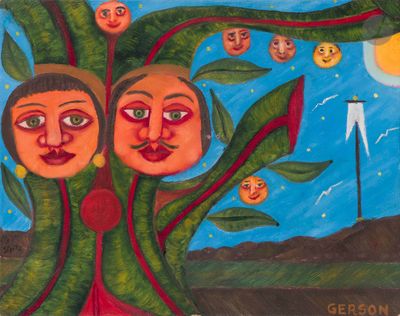 une peinture représentant deux visages sur un arbre aux nombreuses feuilles