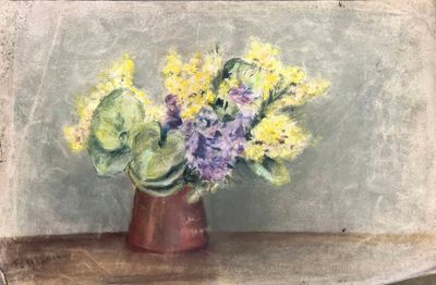 une peinture représentant un vase de fleurs sur une table