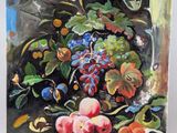 painting of a still life of flowers and fruit on a table