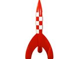 un objet gonflable en forme de fusée, rouge et blanc, sur fond blanc