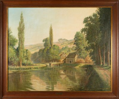 an image of a painting of a river with a house in the background