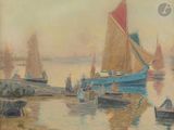 un tableau représentant des bateaux sur l'eau avec des personnes à bord