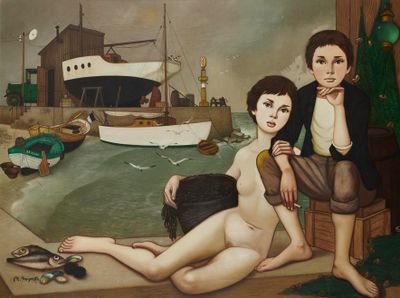 un tableau représentant deux femmes assises sur la plage