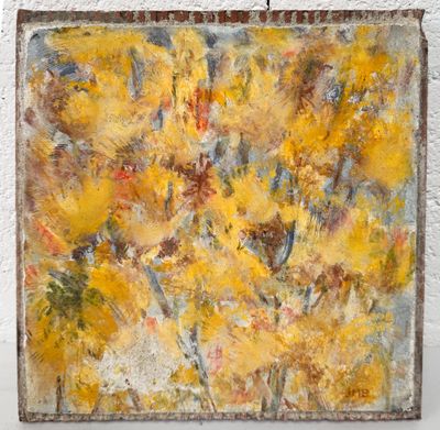 une peinture à l'huile représentant des fleurs jaunes dans un vase posé sur une table