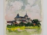 a watercolor painting of a church on a hill