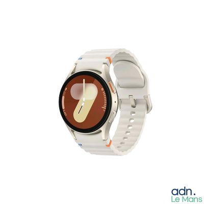 une montre connectée avec un bracelet blanc et un cadran marron