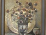 a painting of flowers in a vase on a table
