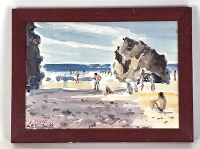 une peinture de personnes sur la plage au bord de l'eau
