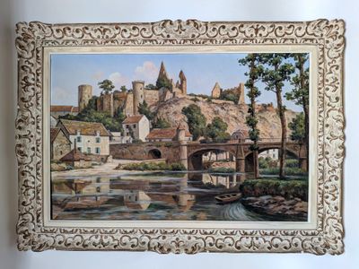 painting of a castle on a hill with a river in front of it