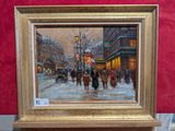 un tableau représentant des personnes marchant dans la rue sous la neige