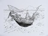 a drawing of a boat with people in it on the water