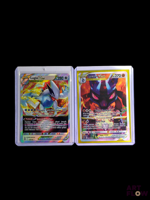 two pokemon cards are sitting side by side on a black background