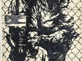 an image of a black and white drawing of two people and a child behind a chain link fence