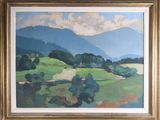 an oil painting of a green field with mountains in the background
