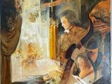 tableau représentant un homme jouant d'un instrument de musique devant un piano