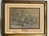 dessin représentant un troupeau de moutons dans un paysage, avec un homme à cheval