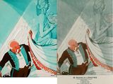 two pictures of a man and a woman standing in front of a statue