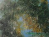 painting of two people sitting on a bench by a river