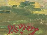an image of a painting of a green field with trees and clouds