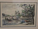 a picture of a painting of a bridge over a river