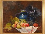 painting of a still life of fruit and a vase on a table