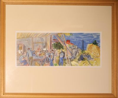 tableau représentant un groupe de personnes assises à une table devant un bâtiment