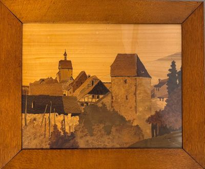 l'image d'un tableau représentant un village avec une église à l'arrière-plan