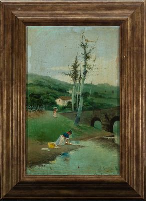 an oil painting of two children playing in a stream