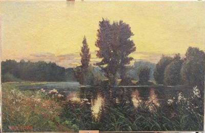 an image of a painting on a easel with a painting of a river and trees in the background